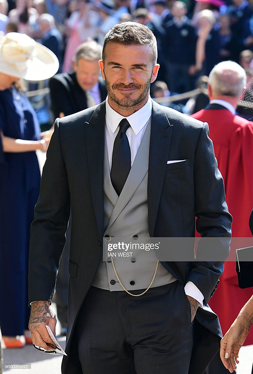 David Beckham wearing a double-breasted vest at the wedding of Prince Harry and Meghan Markle David Beckham wearing a double-breasted vest at the wedding of Prince Harry and Meghan Markle