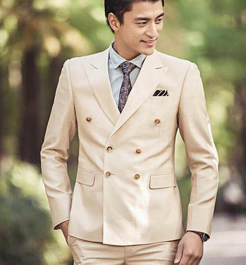 Groom in beige double-breasted suit Groom in beige double-breasted suit