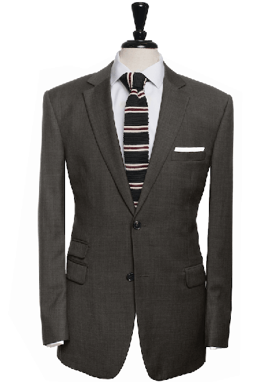 grey suit with ticket pocket and striped tie